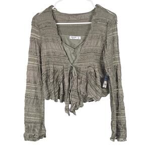 NWT Arizona Jean Co Juniors Size XS Tie Front Long-Sleeve Crop Top Moss Green